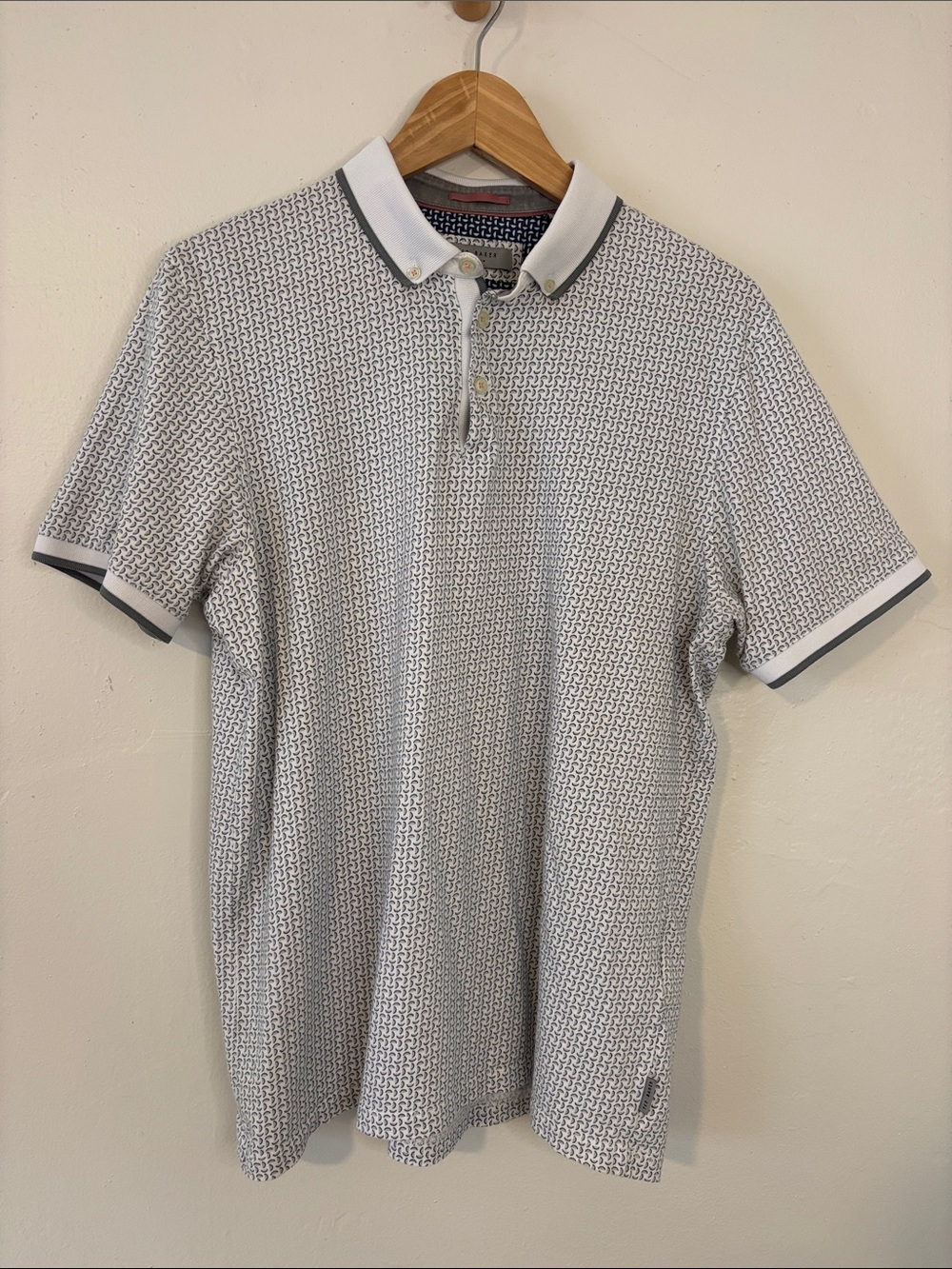 Ted Baker London White Polo with Gray Micro-Pattern and Contrast Trim Size 5
